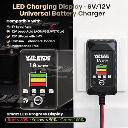 1A Smart Battery Charger for 6V/12V Lead-Acid & 12V Lithium Batteries- Trickle Charger & Desulfator for car Motorcycle Lawn Mower Boat Motorcycle Snowmobile
