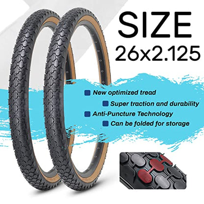 Hycline 2-Pack Cruiser Bike Tires Set: 24/26x2.125 inch Folding Replacement High-Performance Wear-Resistant Tires with Inner Tubes & Tire Levers for Beach & Urban Commuter Bikes - color: Brown Set-26x2.125