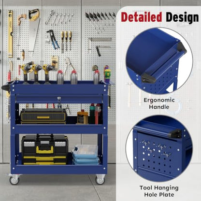 3 Tier Rolling Cart, Heavy Duty Utility Industrial Service Carts on Wheels, Metal Tool Cart with Locked Drawers, Ideal for Garage, Warehouse and Repair Shop（Blue） - color: Blue