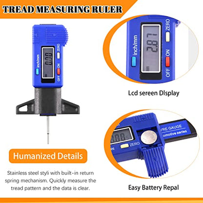 17Pcs Tire Tread Depth Gauge Measuring Tool Set with Digital Tire Thread Depth Gauge Pencil Tire Pressure Gauge Brake Lining Thickness Gauge Set Tire Valve Stem Caps for Motorcycle Truck Car