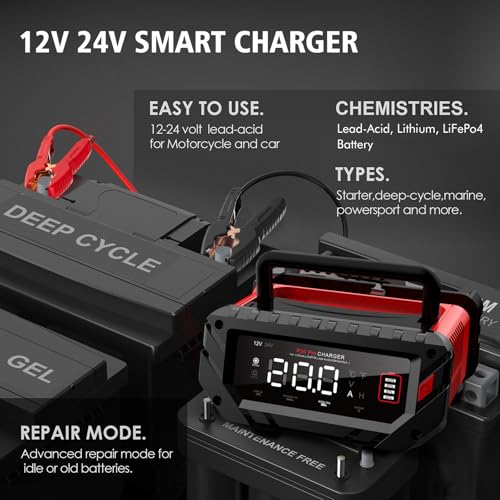 20A Car Battery Charger, 12V/24V Smart Battery Maintainer, Trickle Chargers | 12V 20A/24V 10A Smart Fast Battery Chargers for Car, Motorcycle, Boat, Marine, Lead-Acid, Lithium, LiFePo4 Batteries