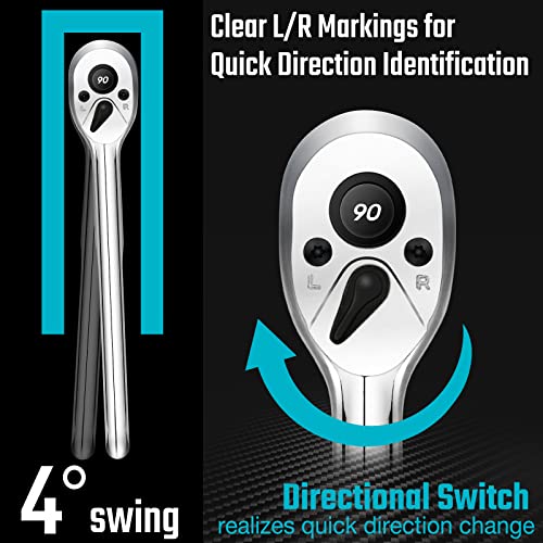 DURATECH 3-Piece Ratchet Set, 1/4", 3/8", 1/2" Drive | 90-Tooth, Quick-release, Contour Handle for Better Grip, Alloy Steel, Organized in Plastic Tray - style: Contour Handle
