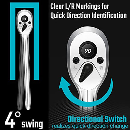 DURATECH 3-Piece Ratchet Set, 1/4", 3/8", 1/2" Drive | 90-Tooth, Quick-release, Contour Handle for Better Grip, Alloy Steel, Organized in Plastic Tray - style: Contour Handle