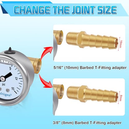 Boltigen Fuel Pressure Gauge, 0-15psi Fuel Pressure Gauge Kit, Glycerin Filled Fuel Pressure Regulator with Gauge for Car, 1/8'' NPT Inline Fuel Pressure Guage with 3/8'' 5/16'' Barb - color: White