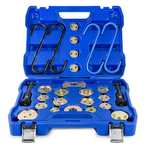 26pc Brake Caliper Wind Back Tool, Brake Caliper Compression Tool | Color-zinc Plated, High Strength Storage Box, 18 Disc Adapters, 4 Handers for Brake Pad Replacement - size: 26pc Brake Caliper Wind Back Tool