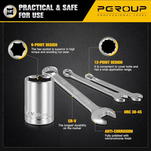 1/2 Inch Drive Metric Socket Set 8-32mm & Combination Wrench Set 8-19mm, 37pcs Mechanic Tool Set for Auto and Bike Repair - color: Silver-37pcs