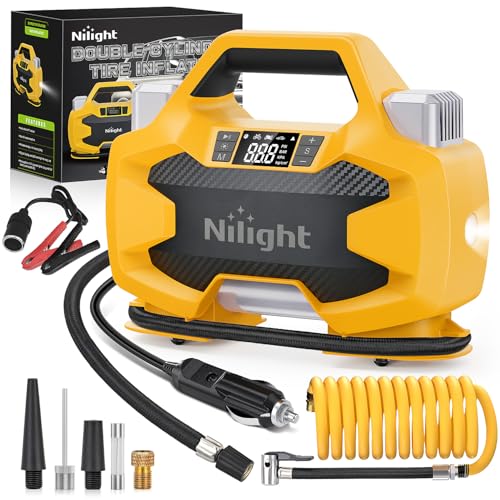 Nilight Portable DC 12V Heavy Duty Tire Inflator Dual Cylinders and Dual Motors Tire Pump 150PSI Air Pumps Auto Shutoff with Screen and LED Light Air Compressor for Pickup Truck ORVs SUVs Cars - color: Heavy Duty Tire Inflator