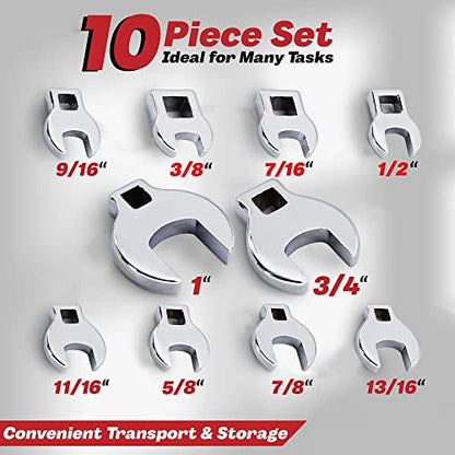 Crows Foot Wrench Set (SAE/Inch) Easily Access Hard-To-Reach Areas, Ideal for Tight Spaces, Great for Automotive Repair Work - Includes Sizes: From 3/8" to 1 Inch - 10-Piece Kit With Clip-on Organizer - style: SAE (Inch)