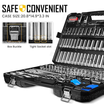 BOEN 225PCS Mechanic Tool Set, 1/4" & 3/8" & 1/2" Drive Socket Wrench Set, Metric and Standard Full Socket Set, with 90-Tooth Ratchet, Auto and Bike Repair with Heavy Duty Case
