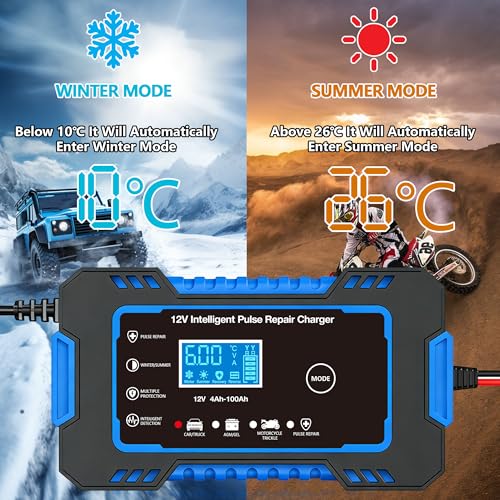 12V 6-Amp Battery Charger, Smart Trickle Charger & Maintainer Blue | Battery Desulfator, Winter & Summer Mode, Lead-acid Battery Chargers, for Car Truck Motorcycle Lawn Mower Boat - color: BLUE