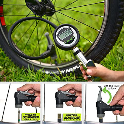 Presta Valve Air Chuck, Digital Bike Tire Inflator Gauge for Air Compressor | A bike compressor attachment for Presta & Schrader valves, tubeless setups and quick inflation with spare cores and caps.