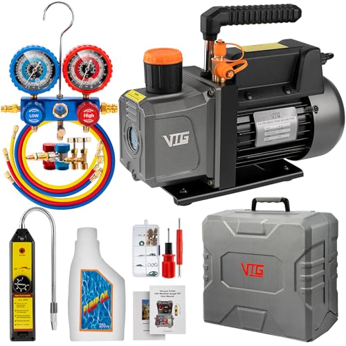 VTG VOGTEN 4.5 CFM AC Vacuum Pump and Gauge Set,for Mini Split/HVAC/Auto Systems,Manifold Gauge Kit Fits R134a R22 R410a R404a,with Leak Detector,Upgraded Trifold Storage Case,3 Hoses,R134a Can Tap - size: 4.5 CFM&3 way(R134a R22 R410a R404a Compatible)