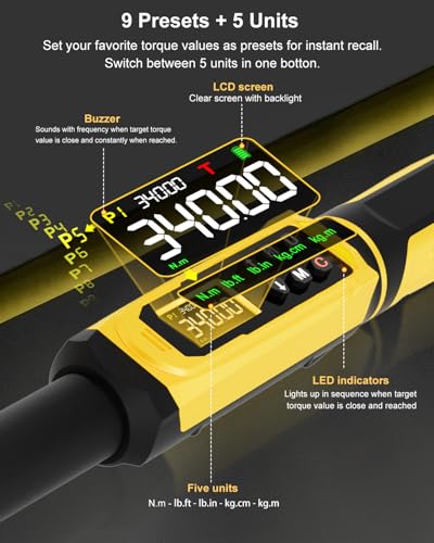 Digital Torque Wrench Set-3/8" & 1/2" Drive Torque Wrench, ±2% Accuracy,1-44 ft-lb/4-250 FT-LB, Backlit LCD, Triple Alert (Vibration/Buzzer/LED), with 17-19-21mm Sockets, 3 Extension Bars & 3 adapters