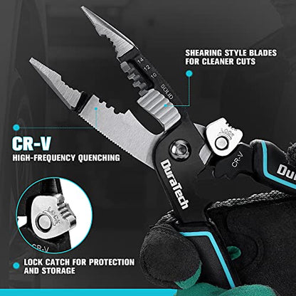 DURATECH 5-in-1 Wire Stripper, 8" Wire Stripper and Crimping Tool, Premium CR-V Construction, Needle Nose Plier, Multifunctional Electrician Pliers for Crimping, Cutting, Stripping, Shearing, Clamping