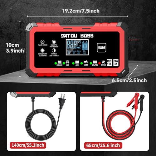 DATOUBOSS Battery Charger 15-Amp 12V/24V Smart Car Battery Charger, Trickle Charger & Maintainer with Pulse Repair, for Lead-Acid AGM LiFePO4 Lithium Batteries, for Car Truck Boat (12V 15A/24V 8A)