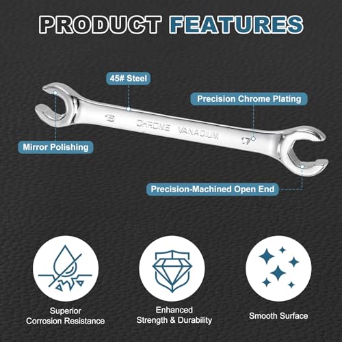HARFINGTON 2 Pcs Flare Nut Wrench 15mm x 17mm Metric Double Open End Thick Spanner Mirror Polish Finish 45# Steel Brake Line Wrench For Fuel Tube Hose Transmission Line, Silver - size: 15mm x 17mm