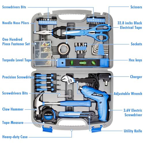 CARTMAN 149-Piece Tool Set, Blue Cordless Screwdriver, Home Repair Tool Kit | Complete tool assortment with cordless screwdriver for home repairs, office fixes, furniture setup crafting, and daily tasks. - style: 149 PC
