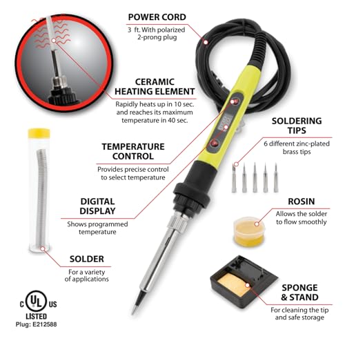 Performance Tool W2084 80W Digital Soldering Iron Kit - Electronics Repair, Precision Temperature Control Soldering Iron, Computer, Automotive Wiring, Stand Included, Green/Black