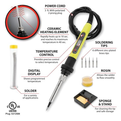 Performance Tool W2084 80W Digital Soldering Iron Kit - Electronics Repair, Precision Temperature Control Soldering Iron, Computer, Automotive Wiring, Stand Included, Green/Black
