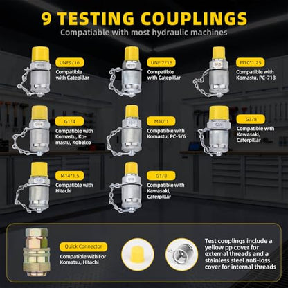 Hydraulic Pressure Test Kit, 250/400/600bar, 3 Gauges 9 Test Couplings 3 Test Hoses, Hydraulic Gauge Test Kit for CAT, Komatsu, Hitachi, Kobelco Excavators & Loaders - style: 3 Gauges 9 Couplings