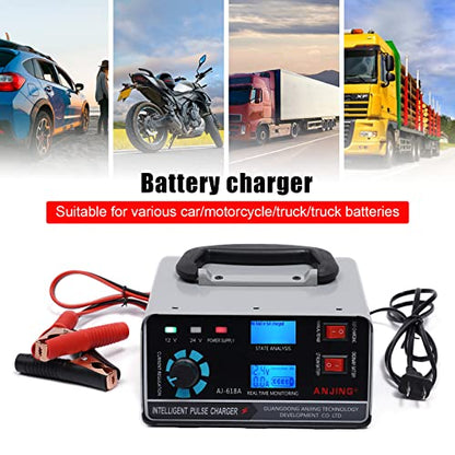 12V/24V Lithium Lead Acid Battery Charger with LCD Display, Intelligent Battery Maintainer Trickle Charge for Car, Motorcycle, Van