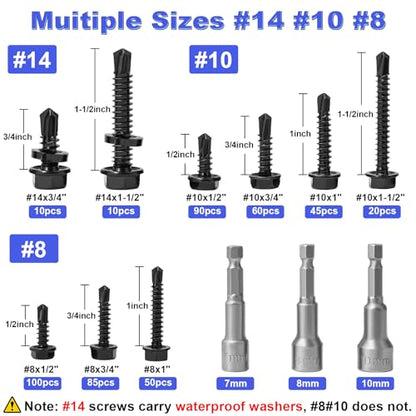 #8#10#14 470Pcs Self Drilling Screws for Metal, Hakkin Self Tapping Tek Screw Assortment Kit, Black Oxide 410 Stainless Steel Sheet Metal Screws Hex Washer Head 1/2" 3/4" 1" 1-1/2", Socket Included - size: 470PCS #8 #10 #14 Self Drilling Screws Black