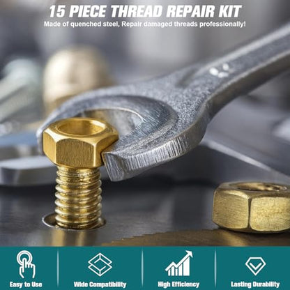15-Piece Metric Thread Chaser Set, M6 M8 M10 M12 Thread Restorer Tool, Rethreading Repair Kit with Taps, Dies, and Files