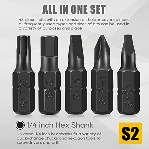 49-Pack Screwdriver Bit Set, Hex Head Drill Bit Set, Torx Square Slotted Phillips Bit Set with 1/4" Bit Holder, 1/4 Hex Shank, S2 Steel, 1"Long