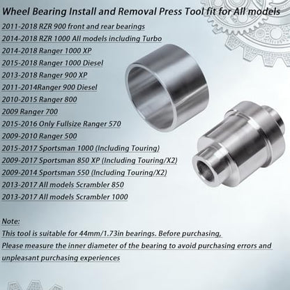 Wheel Bearing Press for Polaris RZR Ranger Front/Rear Replaces 3514699 44mm | Replaces 3514699, 3514627. Carbon steel press for 44mm Polaris UTV/ATV bearings. Clear markings for easy DIY install.