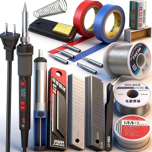 Soldering Iron Kit 80W LCD Adjustable Temperature 180-520C Soldering Kit 35-in-1 Welding Tool with ON/OFF Switch Solder Wire Filler Solder Head Unplugging Pump Bracket Tweezers Tape Blade Mask Gloves