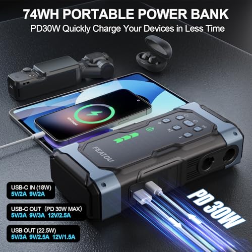 High-Power 9000A Jump Starter with Air Compressor, 12V Car Battery Jump Starter, Portable Jump Box for Car(All Gas/14L Diesel) with Tire Inflator, PD 30W Fast Charge, Forced Boost Battery Jumper