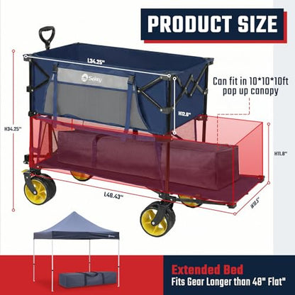 Sekey 500LBS Heavy Duty Double Decker Wagon with Extender, 400L Large Capacity Collapsible Garden Cart Fits 10x10 Canopy, All-Terrain Big Wheels with Brakes, Foldable Utility Wagon for Sports, Camping - color: Navy Blue