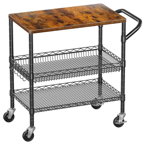 WDT 3 Tier Rolling Carts with Wheels, Heavy Duty Rolling Utility Cart with Wood Tabletop, Commercial Grade Metal Cart with Handle and Hooks, NSF Storage Serving Carts for Kitchen Island, Wood+Metal - color: Wood+metal-3 Tier