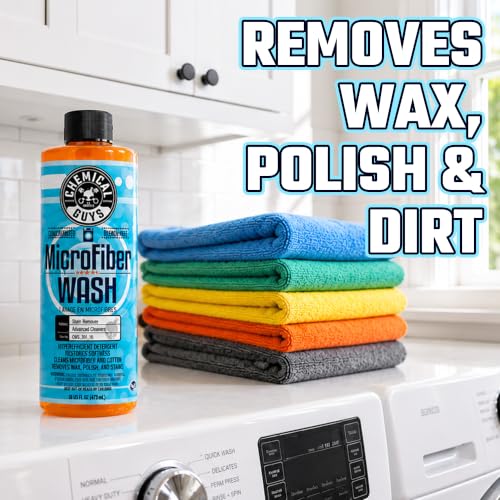 Chemical Guys Microfiber Wash Detergent, Concentrated, Fresh Citrus, 64 oz | Microfiber-safe concentrate for towels, mitts, and pads; lifts dirt, grease, and wax, restores softness, no softener needed - size: 64 Fl Oz (Pack of 1)