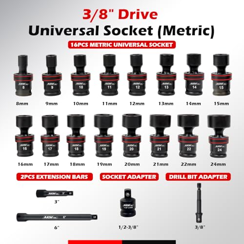 3/8" Drive Universal Impact Socket Set, 20 Piece Swivel Socket Set, Universal Joint Socket 6-Point, Metric, 8-24mm, Cr-Mo,with Extension Bars, Socket Adapter, Drill Bit Adapter