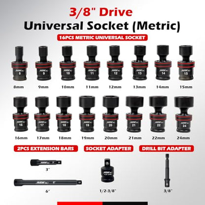 3/8" Drive Universal Impact Socket Set, 20 Piece Swivel Socket Set, Universal Joint Socket 6-Point, Metric, 8-24mm, Cr-Mo,with Extension Bars, Socket Adapter, Drill Bit Adapter