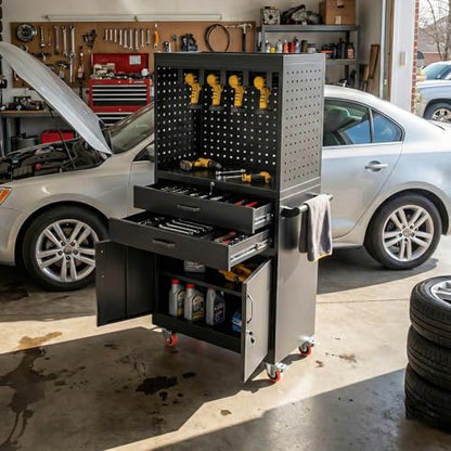 Professional Mobile Tool Cart with Locking Wheels, Large Storage & Built-in Outlet - Heavy Duty Rolling Workbench for Garage, Workshop, Electric Tool Organization and Moving Jobs