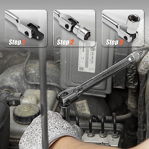 Matework 3/8'' Drive Breaker Bar, 10 Inches Long Extension Breaker Bar with 180-Degree Cr-V Flex Head and Engraved Non-slip Handle, Polished Finish, Home Use Socket Wrench - style: 3/8'' Drive (10-inch)