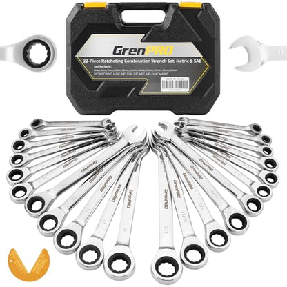 GRENPRO 23 Piece Ratcheting Wrench Set, Open End Wrench Set Metric And Standard 6-18mm & SAE 1/4"-3/4", Combination Wrenches Sets, Organizer Tool Box, 72 Tooth Large Wrench Hand Tools Set With 1 Gauge