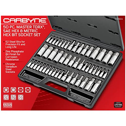 CARBYNE 50-Piece Master Torx and Allen Bit Socket Set S2 Steel SAE and Metric Hex and Star Bit Sockets 1/4 in 3/8 in and 1/2 in Drive Torx T6 to T70 for Automotive and Motorcycle Repair - size: 50 Piece