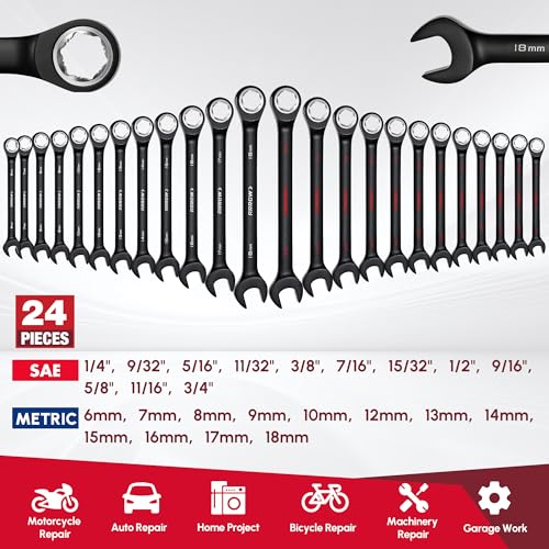 ARROW 24PCS Ratcheting Wrench Set Metric and Standard, Anti-Slip 6-18mm & 1/4"-3/4" Combination Ratchet Wrench Set with 2 Magnetic Tool Holders, CRV Material, 72-Teeth, Easy to Carry & Store - style: Metric & SAE
