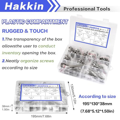 252Pcs 1/4-20 Hex Bolts and Nuts Kit, Stainless Steel Nuts and Bolts Assortment Kit, Fully Threaded Hex Bolt 1/4-20 x 1/2”, 3/4”, 1”, 1-1/2”, 2”, 2-1/2”, 3” Screws Nuts Flat Lock Washer Kit Hakkin - size: L 1/4-20 Hex Bolts Silver 252pcs