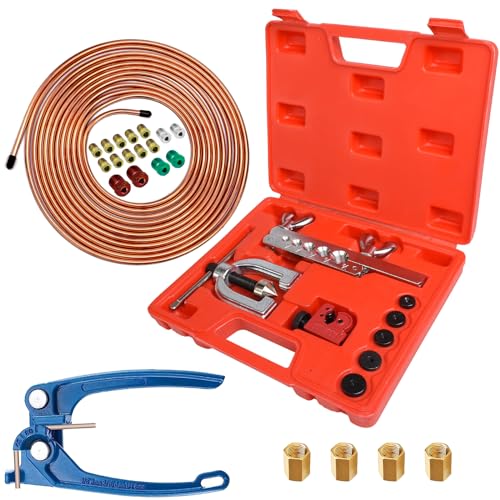 3/16 Inch 25 Ft Copper Coated Brake Line Kit with Flaring Tool | Includes 16 Fittings and 4 Unions Brake Line Fittings, Tube Bender - color: light gold