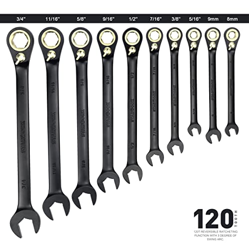 STARWORK TRUE MECHANIC™ 20 Pc. 120-Tooth Reversible Ratcheting Wrench Set, Combination Ratchet Wrench Set, Non-Slip, Long Pattern, 6-Point 15° Offset, Professional, SAE/Metric(5/16-3/4" & 8-19 mm)