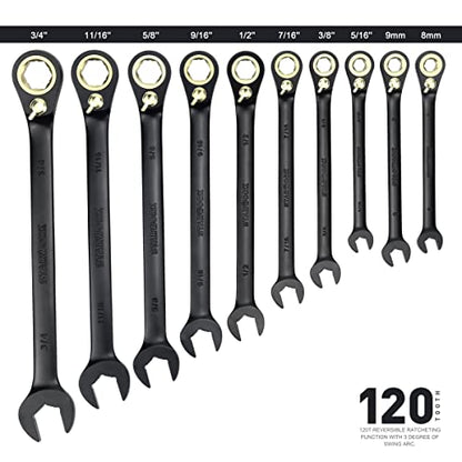STARWORK TRUE MECHANIC™ 20 Pc. 120-Tooth Reversible Ratcheting Wrench Set, Combination Ratchet Wrench Set, Non-Slip, Long Pattern, 6-Point 15° Offset, Professional, SAE/Metric(5/16-3/4" & 8-19 mm)