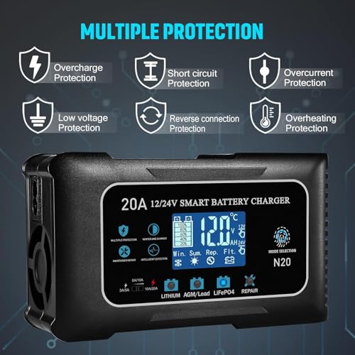 Battery Charger 0-20A 12V and 24V Lithium, LiFePo4, Lead Acid (AGM/Gel/SLA), Smart Car Battery Charger and Maintainer, Trickle Charger with Pulse Repair for Car, Boat, Marine, deep Cycle