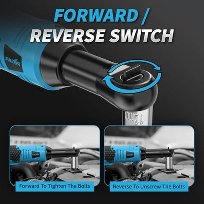 FULLYEA 3/8" Cordless Ratchet Wrench Set, 40 Ft-lbs, 550 RPM, 16.8V Electric Ratchet, Extended Power Ratchet Tool Kit with Variable Speed, 2 * 2.0Ah Battery, 1/4" Adapter & 3" Extension Bar(Blue)