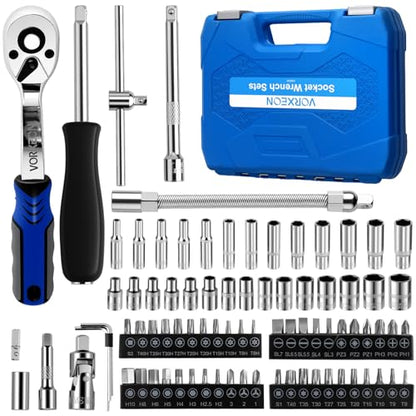 82-Piece 1/4" Drive Sockets with 72-Tooth Ratchet Wrench Set, Metric Shallow and Deep Sockets 4-14mm, 44 Bits, Flex Extension, Universal Joint, Storage Case - size: 82-PCS 1/4" Socket Ratchet Wrench Set