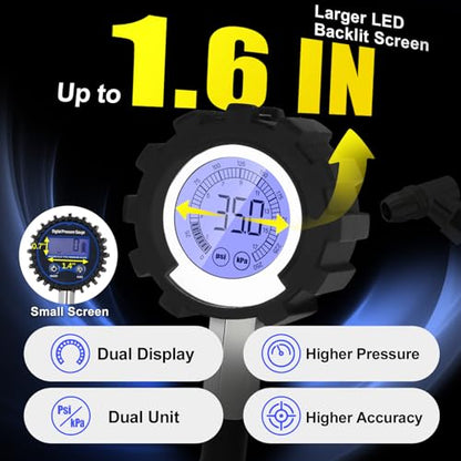 Digital Tire Pressure Gauge, 3-250 PSI Tire Gauges with Easy Read Extra-Large Backlit LED Screen for Car, Truck, Motorcycle, Bicycle Tire Pressure, Calibrated to ANSI B40.7 Grade 2A