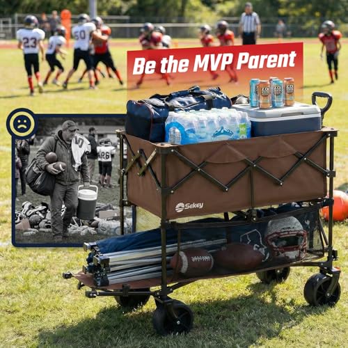 Sekey 500LBS Heavy Duty Double Decker Wagon with Extender, 400L Large Capacity Collapsible Garden Cart Fits 10x10 Canopy, All-Terrain Big Wheels with Brakes, Foldable Utility Wagon for Sports, Camping - color: Khaki